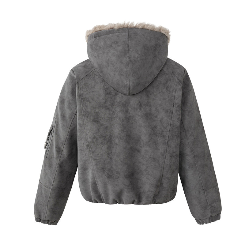 Veste bomber à capuche – Similicuir effet usé, col en fausse fourrure et garnissage matelassé