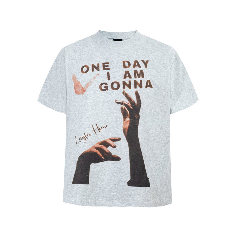Graphic Print Short Sleeve T-Shirt – One Day I Am Gonna Hand & Butterfly Print