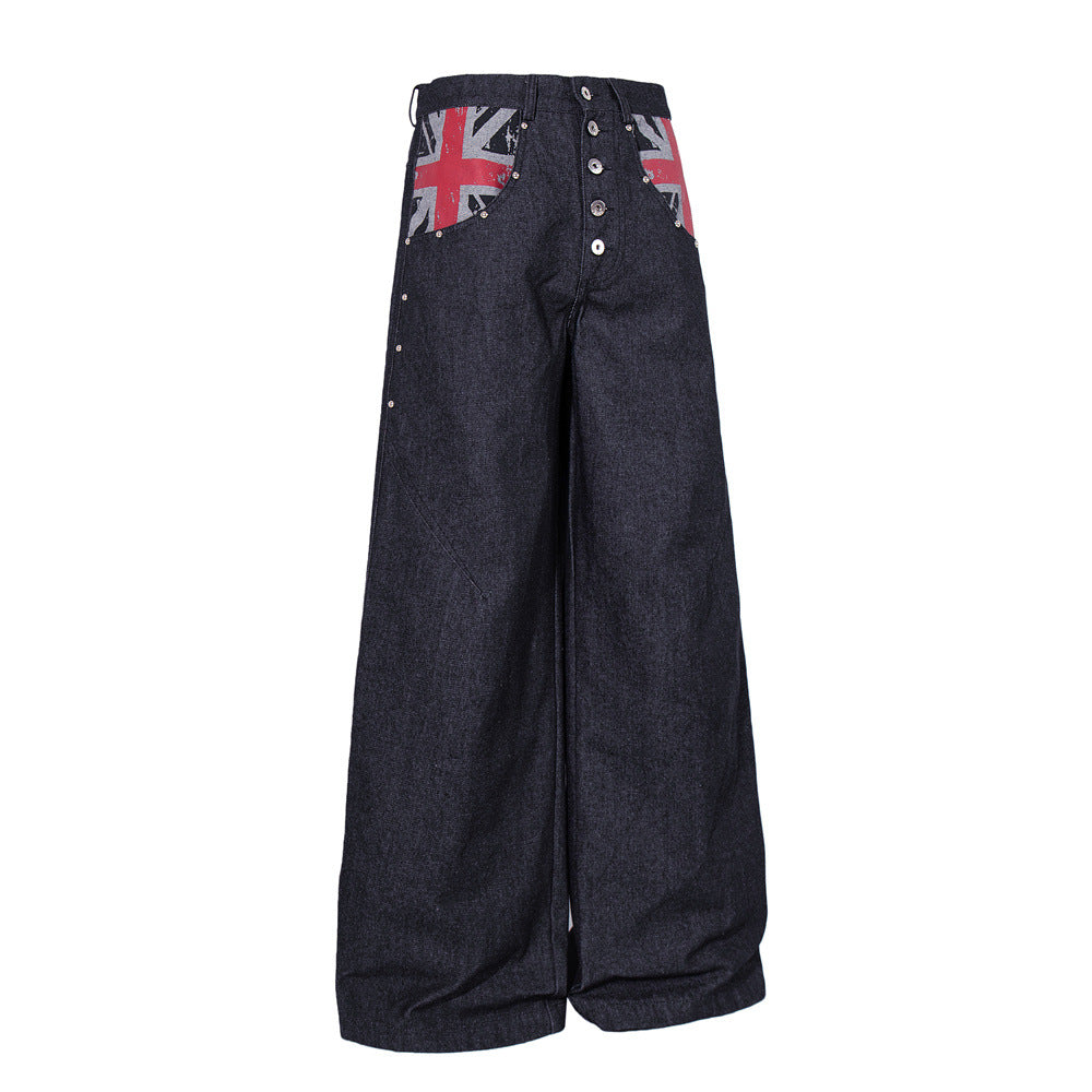 Wide-Leg Denim Jeans with Union Jack Print & Button Fly