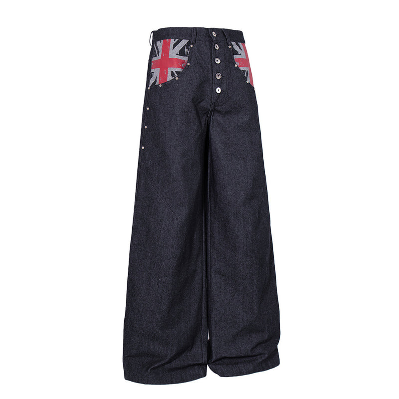 Wide-Leg Denim Jeans with Union Jack Print & Button Fly
