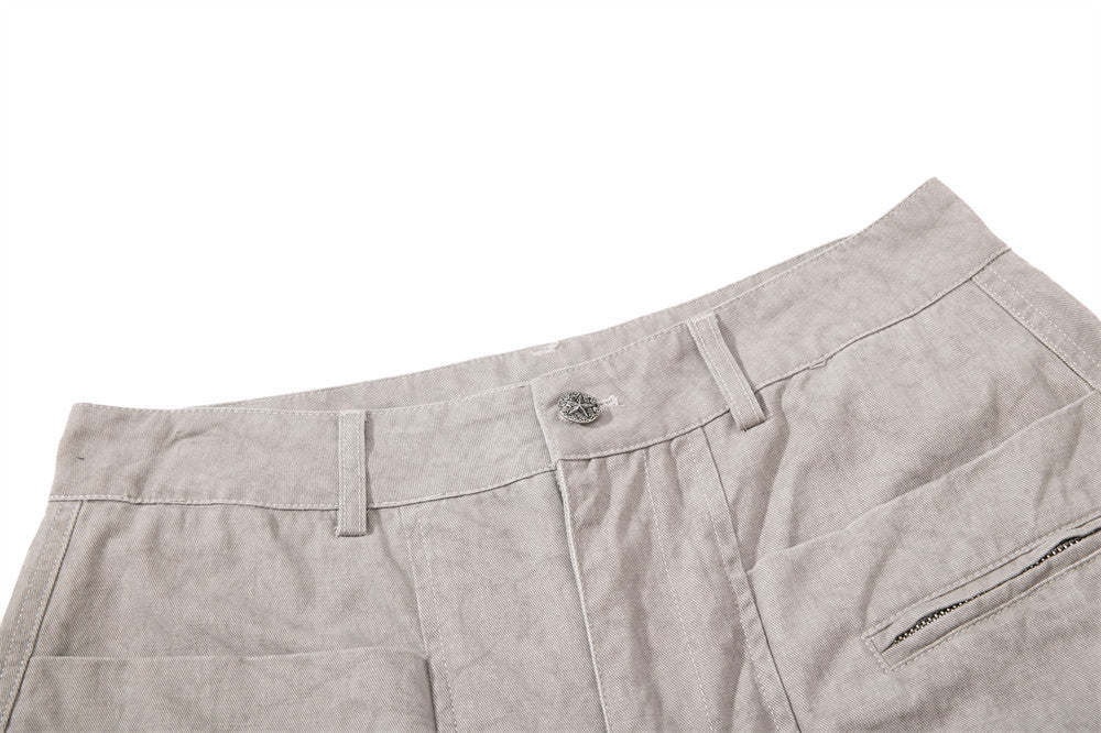 Wide-Leg Pleated Drape Pants – Acid Wash Baggy Trousers with Zip Pockets