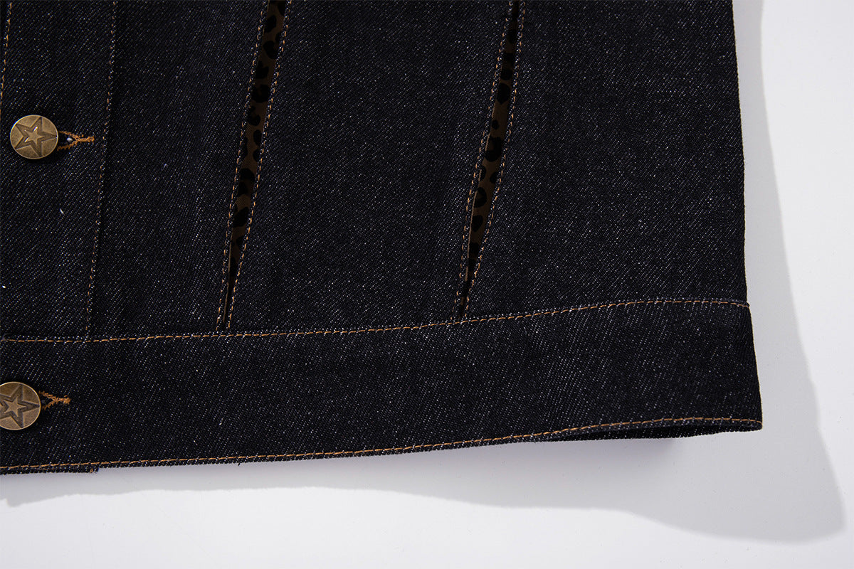 Dark Denim Boxy Jacket with Leopard Print Inset Panels