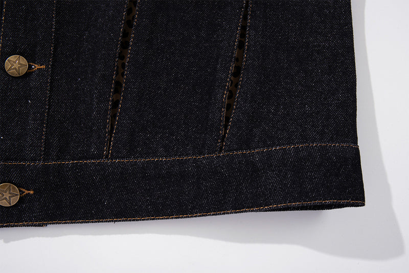 Dark Denim Boxy Jacket with Leopard Print Inset Panels