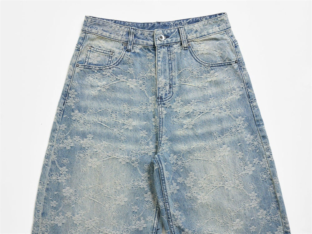 Loose Fit Wide-Leg Jeans – Floral Lace Embroidery, Washed Light Blue Denim