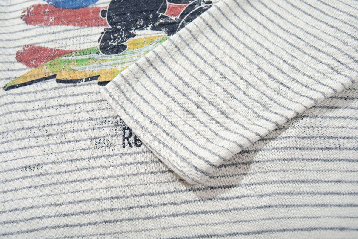 Striped Long Sleeve Graphic Tee – Retro World Cup Bear Print, Relaxed Fit