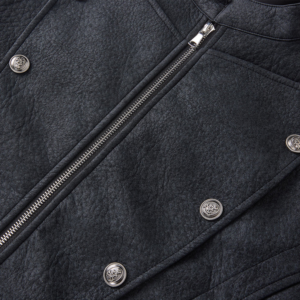 Men's Faux Leather Military Jacket – Double-Breasted Stand Collar Short Coat