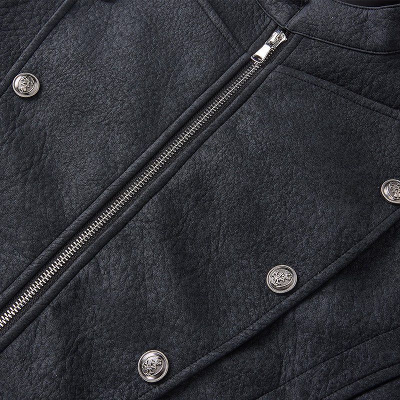 Men's Faux Leather Military Jacket – Double-Breasted Stand Collar Short Coat