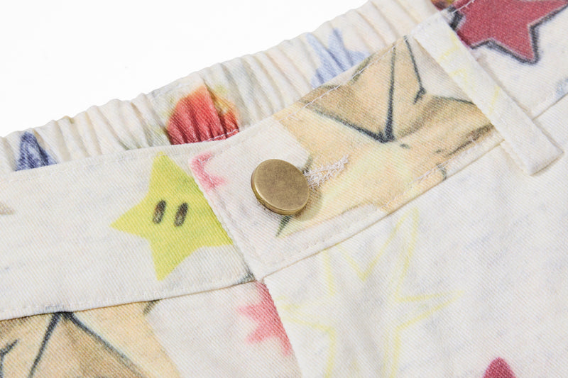 Wide-Leg Baggy Pants – All-Over Colorful Star Print, High Waist