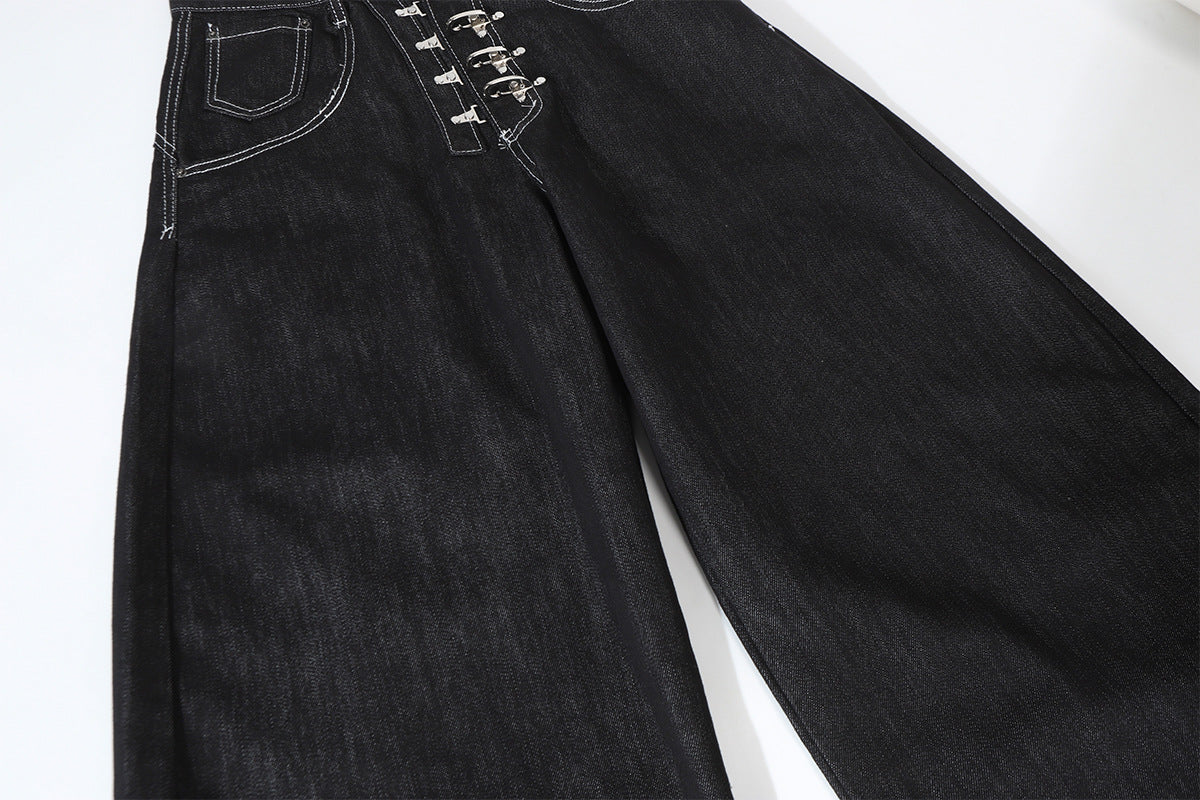 Wide-Leg Baggy Black Jeans with Safety Pin Closures – Streetwear Barrel Fit