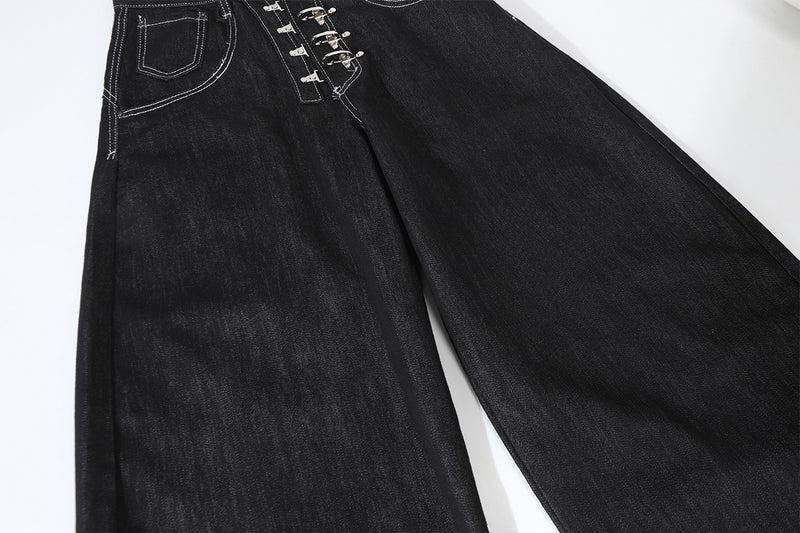 Wide-Leg Baggy Black Jeans with Safety Pin Closures – Streetwear Barrel Fit