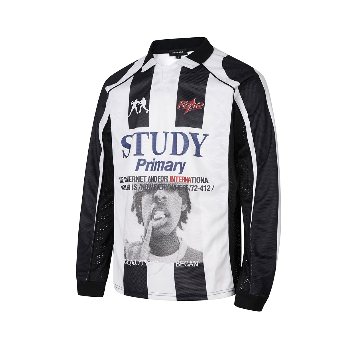 Maillot de football à manches longues noir et blanc à rayures, polo graphique