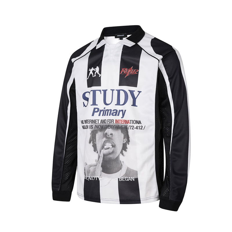 Maillot de football à manches longues noir et blanc à rayures, polo graphique