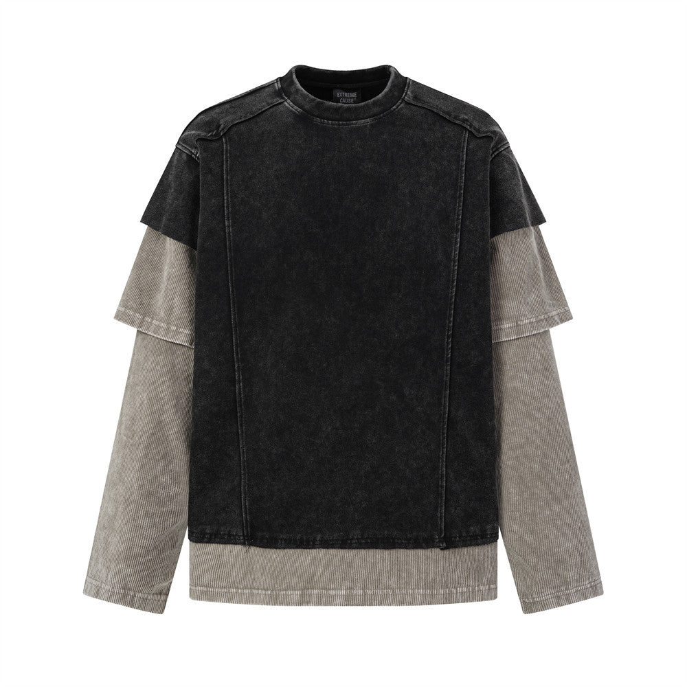 T-shirt à col rond et manches longues pour homme, effet superposé, colorblock à délavage acidulé, manches contrastantes en velours côtelé, noir et gris