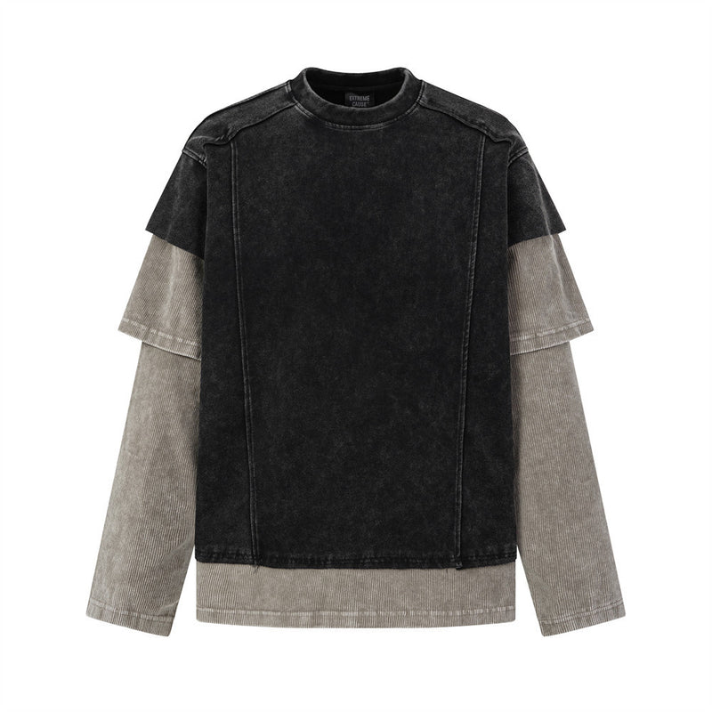 T-shirt à col rond et manches longues pour homme, effet superposé, colorblock à délavage acidulé, manches contrastantes en velours côtelé, noir et gris