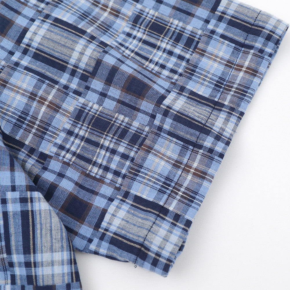 Short Sleeve Shirt Men Patchwork Madras Plaid Oversized Button-Up