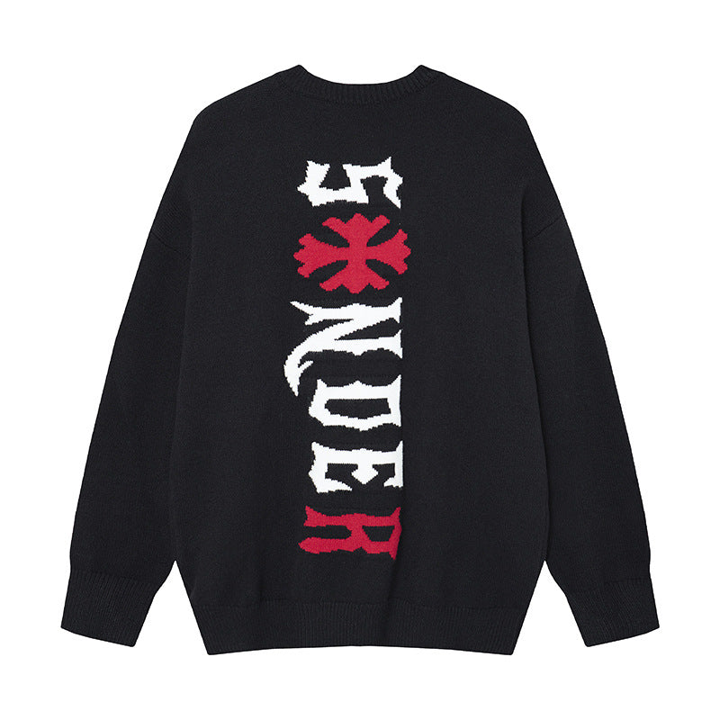 Gothic-Cross-Jacquard-Strickpullover mit Rundhalsausschnitt – Oversized