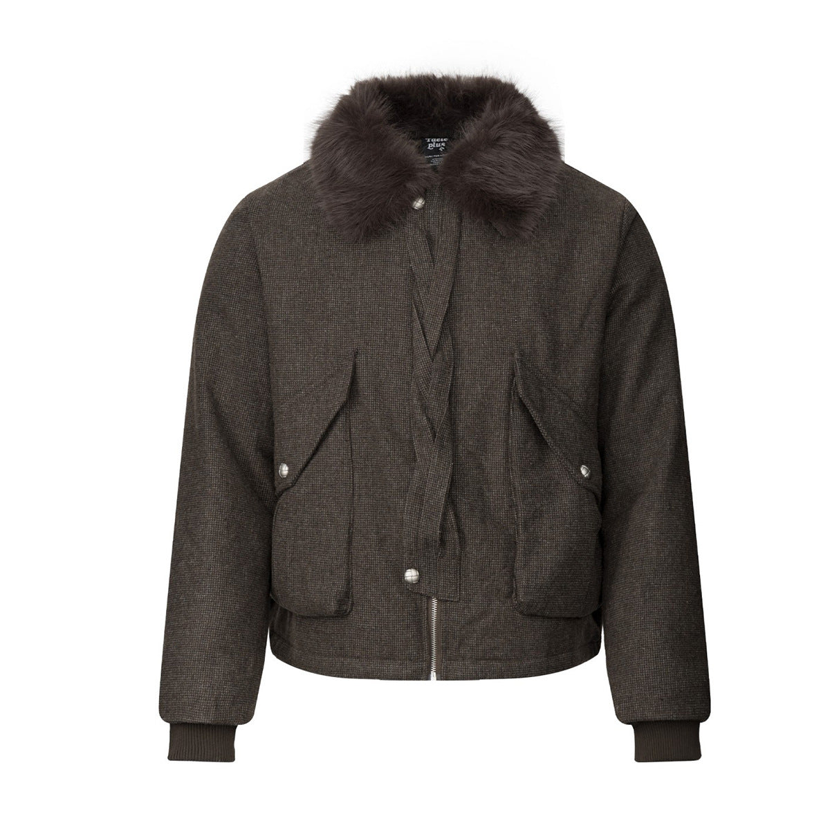 Dark brown wool blend bomber jacket with faux fur collar, front and back view