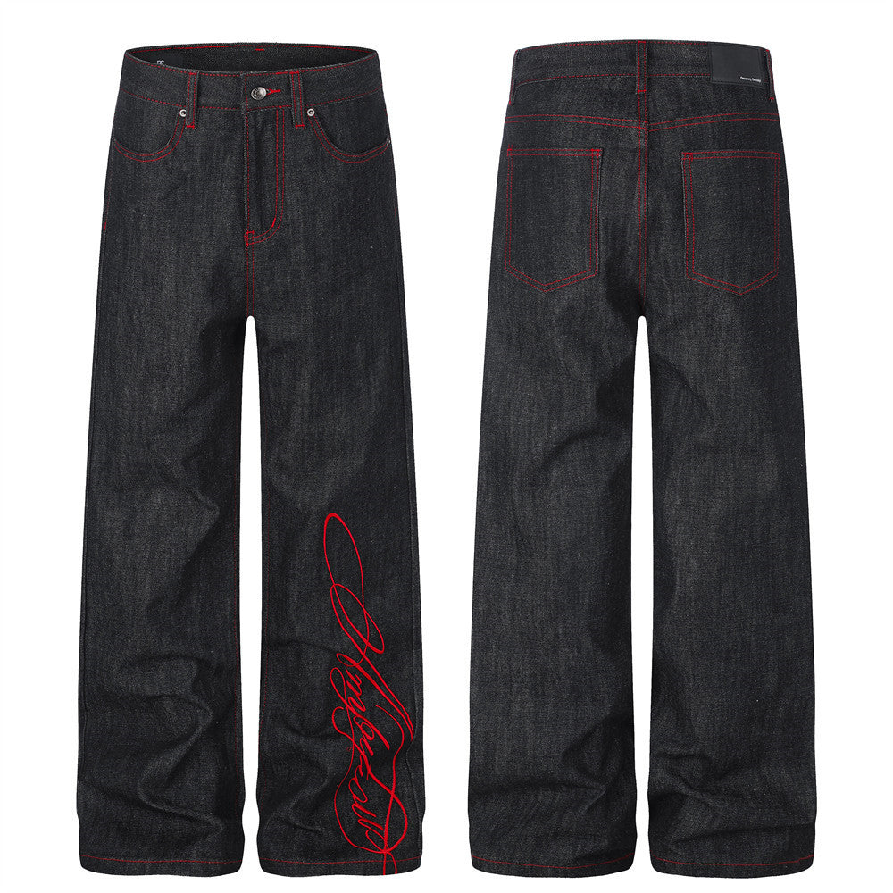 Jean à jambes larges – Denim noir avec surpiqûres rouges contrastantes et broderie script