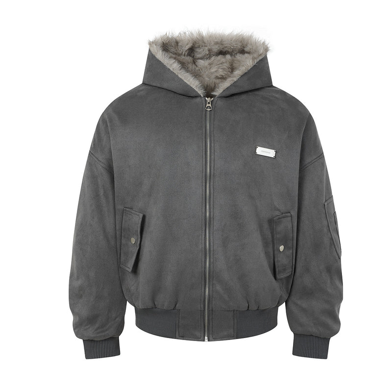 Bomber en suédine avec capuche en fausse fourrure – Manteau d’hiver oversize