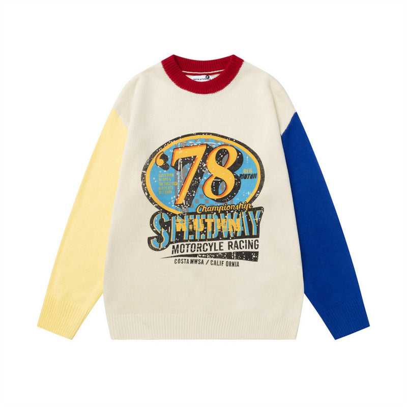 78 Speedway Colorblock Knit Sweater – Oversized Crewneck with Racing Graphic