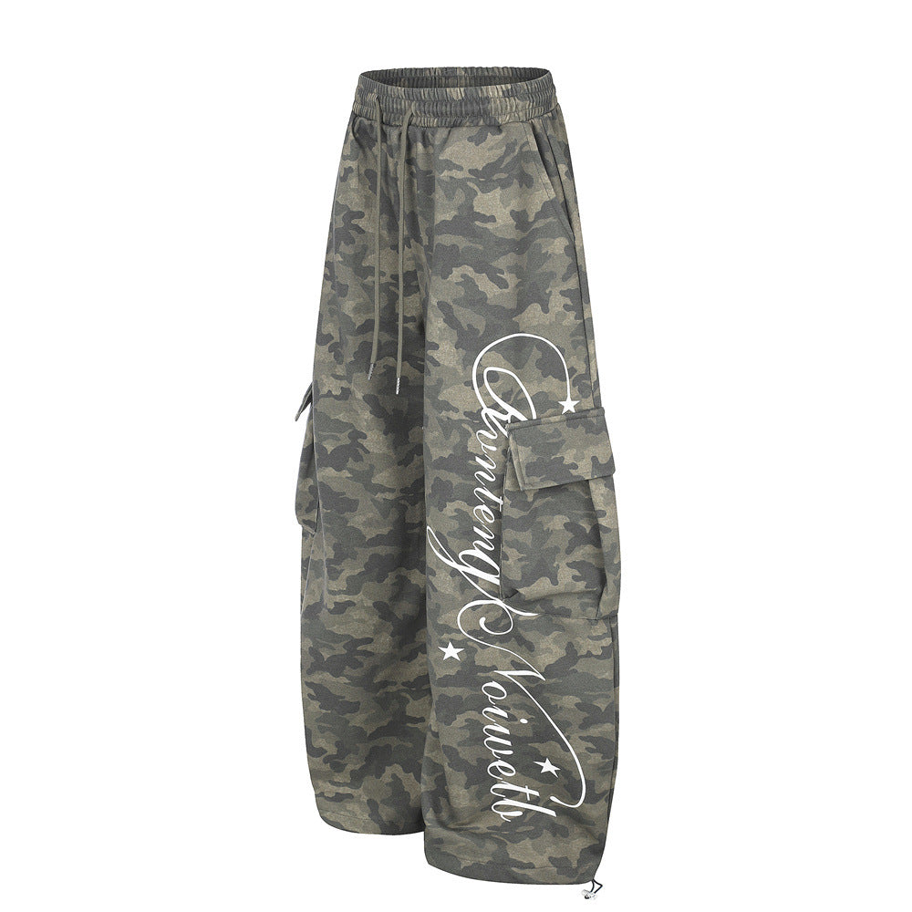 Men's Cargo Camo Pants Wide-Leg Baggy Fit with Script Print & Multi-Pocket