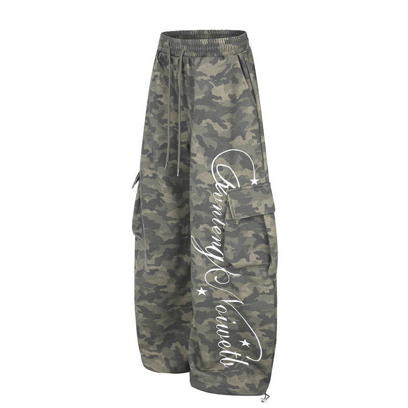 Men's Cargo Camo Pants Wide-Leg Baggy Fit with Script Print & Multi-Pocket