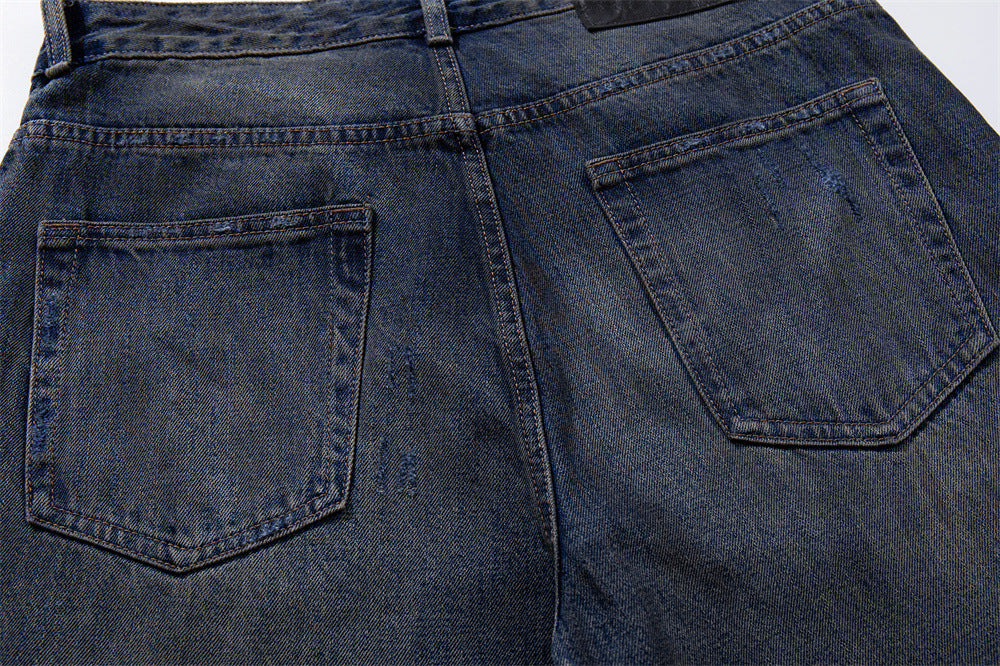Wide-Leg Ripped Jeans – Vintage Washed Distressed Denim with Studded Patches