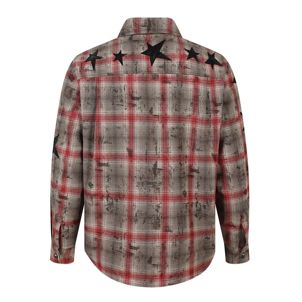 Distressed Plaid Long-Sleeve Shirt with Black Star Patches – Vintage Punk Style
