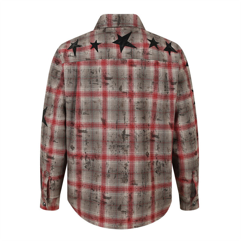 Distressed Plaid Long-Sleeve Shirt with Black Star Patches – Vintage Punk Style