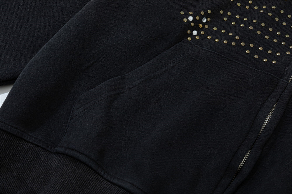 Fur-Trim Zip-Up Hoodie with Studded Skeleton Design – Oversized Streetwear