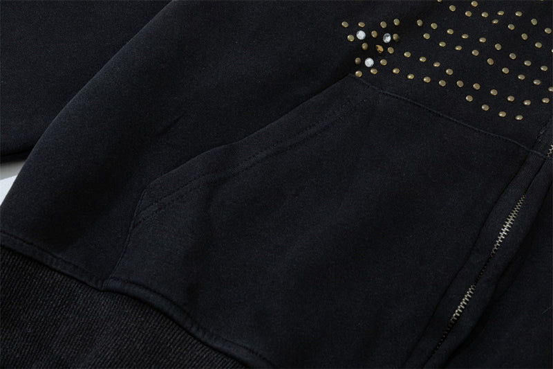 Fur-Trim Zip-Up Hoodie with Studded Skeleton Design – Oversized Streetwear