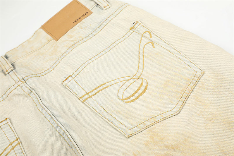 Men's Wide-Leg Distressed Jeans – Mud-Dye Washed, Diagonal Button Fly, Flare Hem
