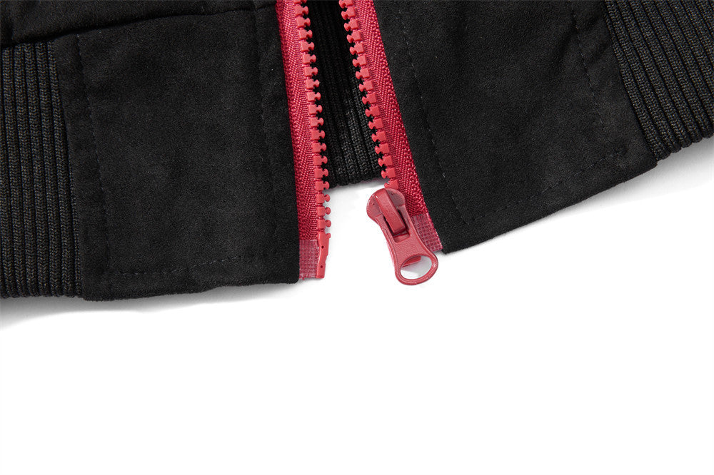Suede Bomber Jacket Men's Black Embroidered Stand-Collar Track Jacket