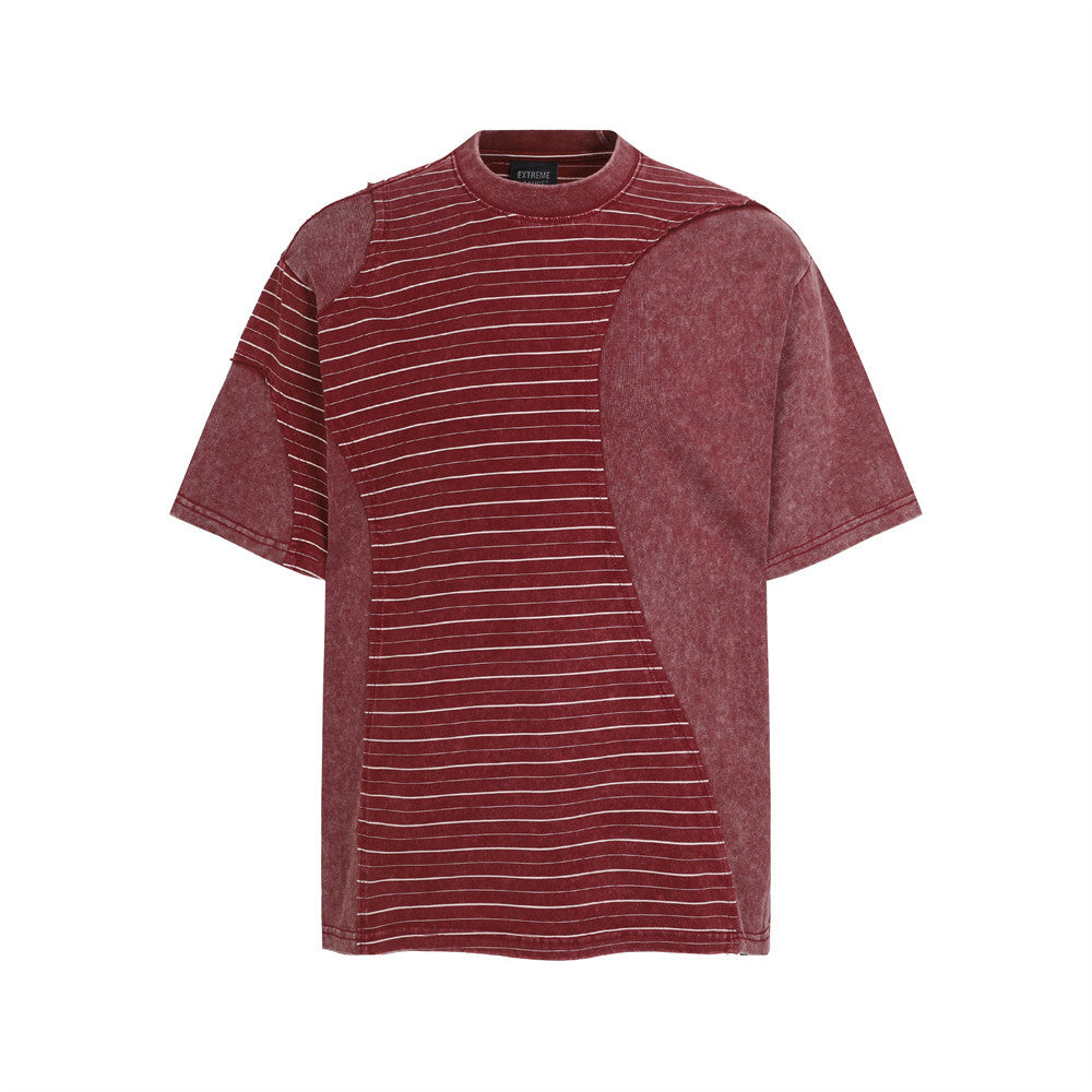 Irregular Patchwork Stripe Oversized T-Shirt | Vintage Acid Wash Retro Tee