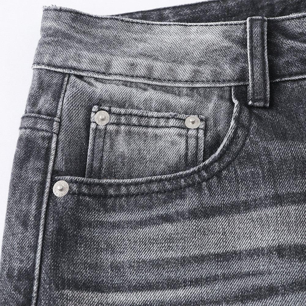 Wide-Leg Jeans Men's Washed Grey Vintage Distressed Baggy Denim Pants