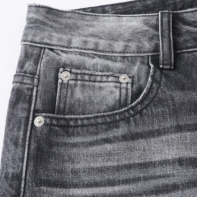 Wide-Leg Jeans Men's Washed Grey Vintage Distressed Baggy Denim Pants