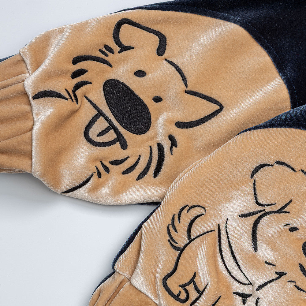 Sudadera de terciopelo con cremallera y estampado de perro de dibujos – Corte oversize color block