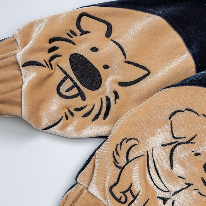 Sudadera de terciopelo con cremallera y estampado de perro de dibujos – Corte oversize color block