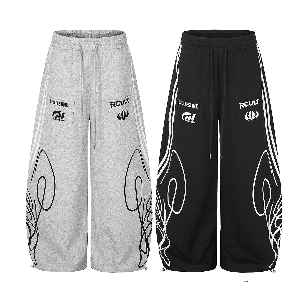 Streetwear-Jogginghose mit weitem Bein, Grafikprint & Seitenstreifen