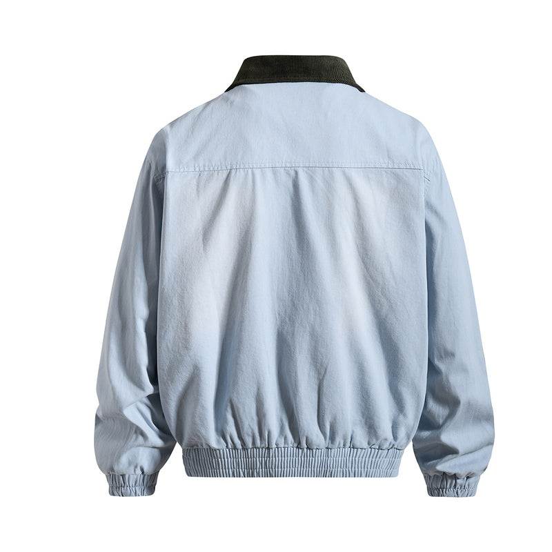 Retro American Washed Zip-Up Jacket with Corduroy Collar