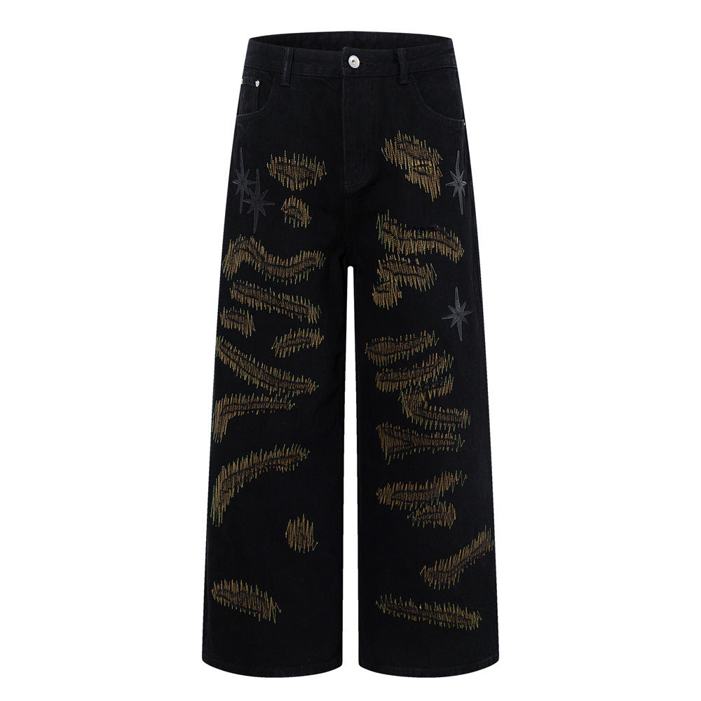 Wide-Leg Jeans with Chaotic Needle Embroidery & Star Patches