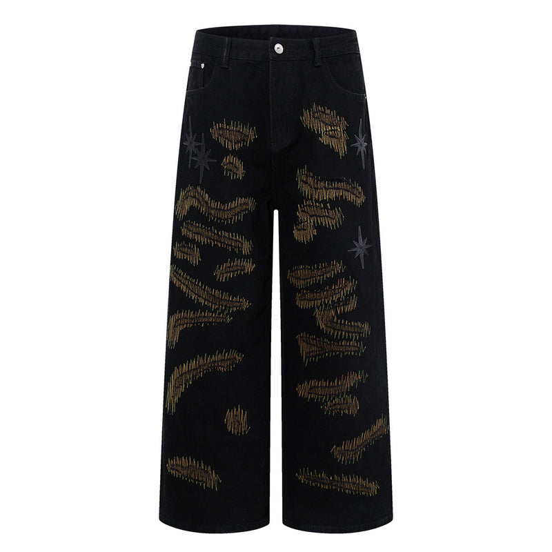 Wide-Leg Jeans with Chaotic Needle Embroidery & Star Patches