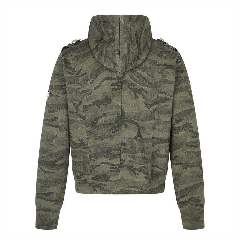 Punk Vintage Camo Zip-Up Hoodie Jacket with Military Buttons