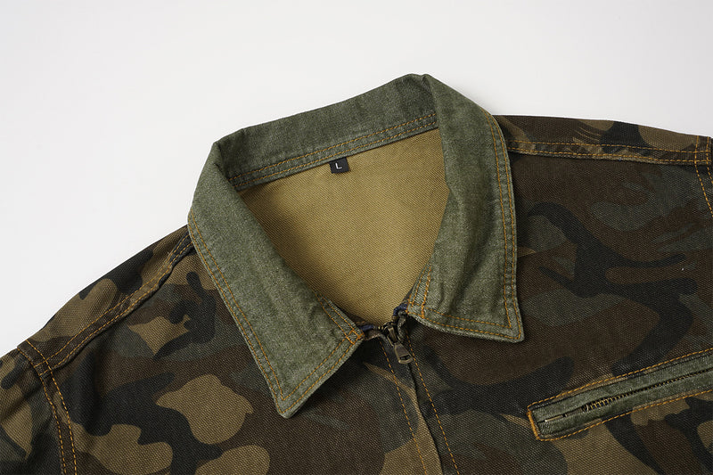 Veste de travail zippée en toile camouflage avec col en velours côtelé