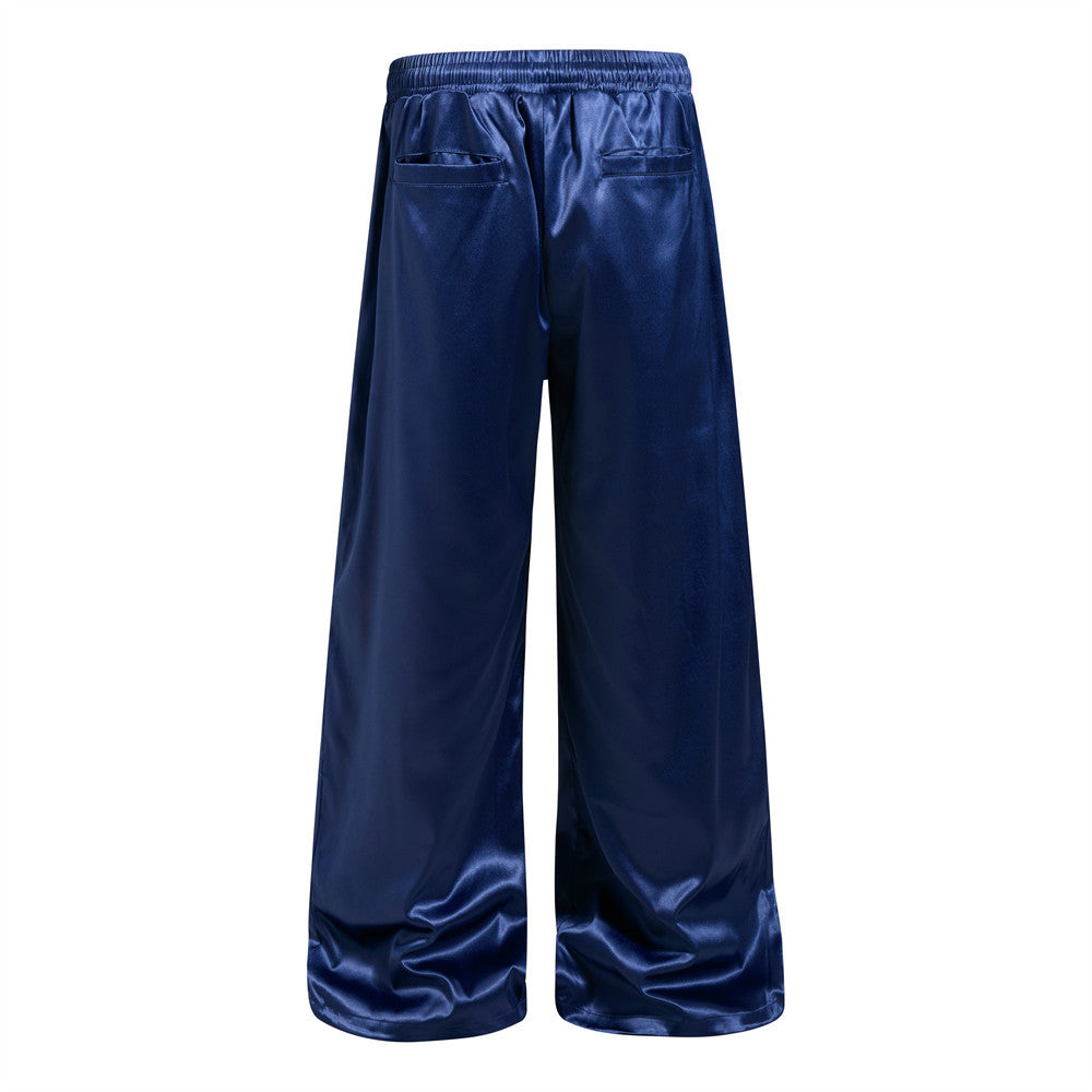 Wide Leg Satin Pants – Signature Print, Elastic Drawstring Waist
