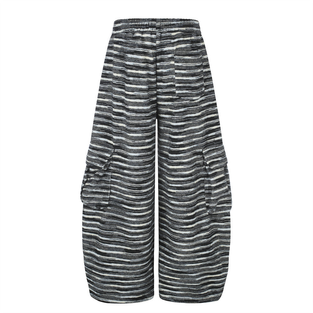 Wide-Leg Striped Cargo Pants – Relaxed Fit Multi-Pocket Streetwear Trousers