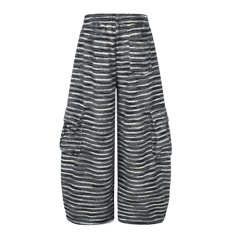 Wide-Leg Striped Cargo Pants – Relaxed Fit Multi-Pocket Streetwear Trousers