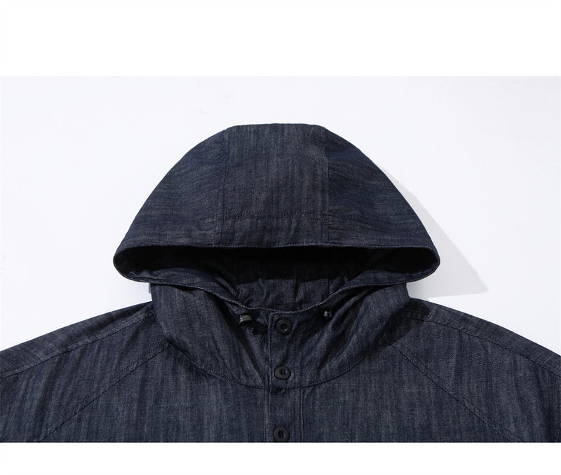 Men's Denim Pullover Anorak Hoodie – Oversized Half-Button Drawstring Hem