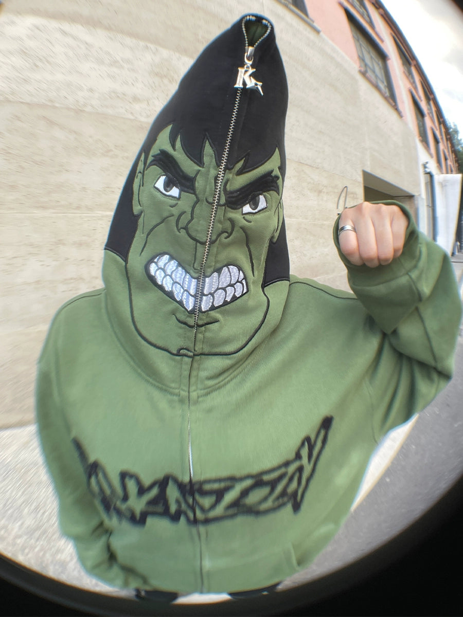 Hulk-Inspired Hoodie - 400GSM Oversized Green Zip-Up Superhero Sweatshirt