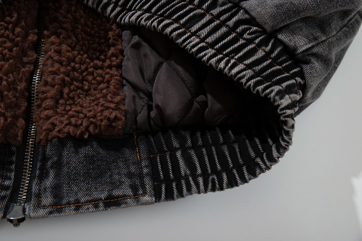 Washed Denim Padded Hoodie Jacket with Embroidered Logo & Sherpa Collar
